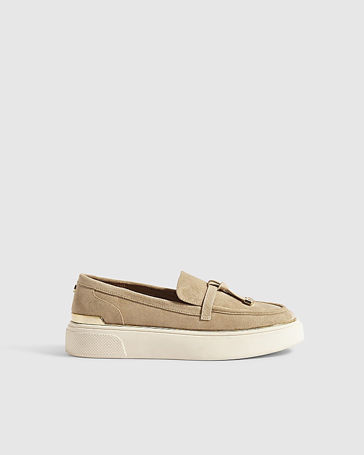 Beige Faux Suede Tassel Slip On Trainers