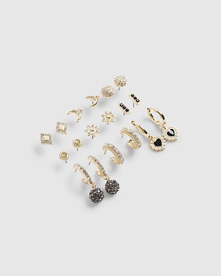Gold Diamante Stud And Drop Hoop Earring Pack