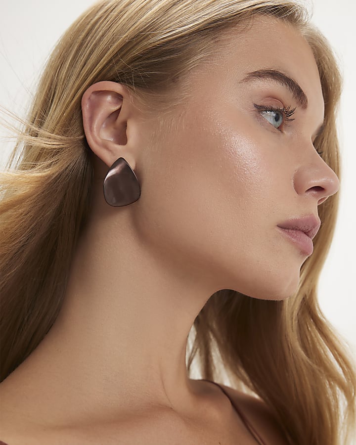 Brown Brushed Metal Stud Earrings