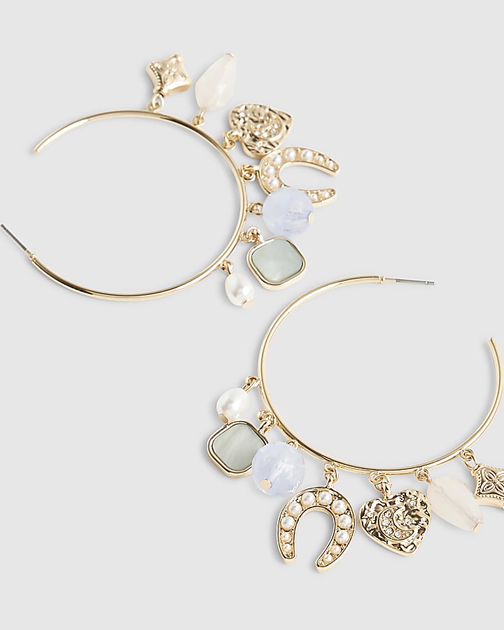 Gold Horseshoe Charm Drop Hoop Earrings
