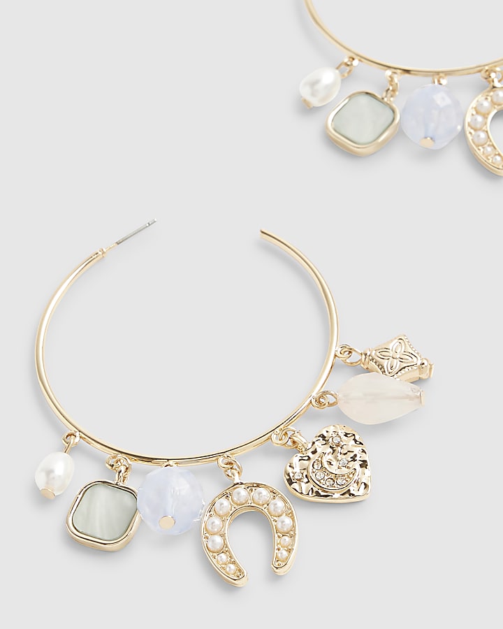 Gold Horseshoe Charm Drop Hoop Earrings