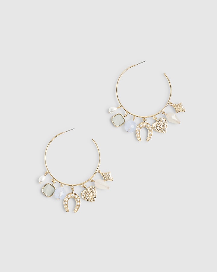 Gold Horseshoe Charm Drop Hoop Earrings