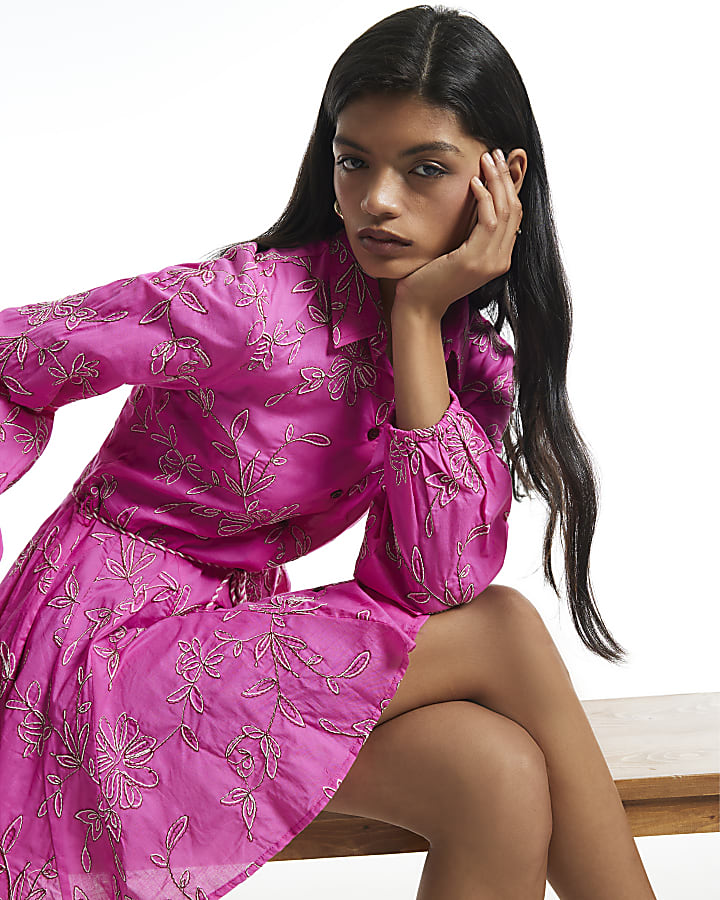 Pink Cornelli Embroidered Shirt Dress