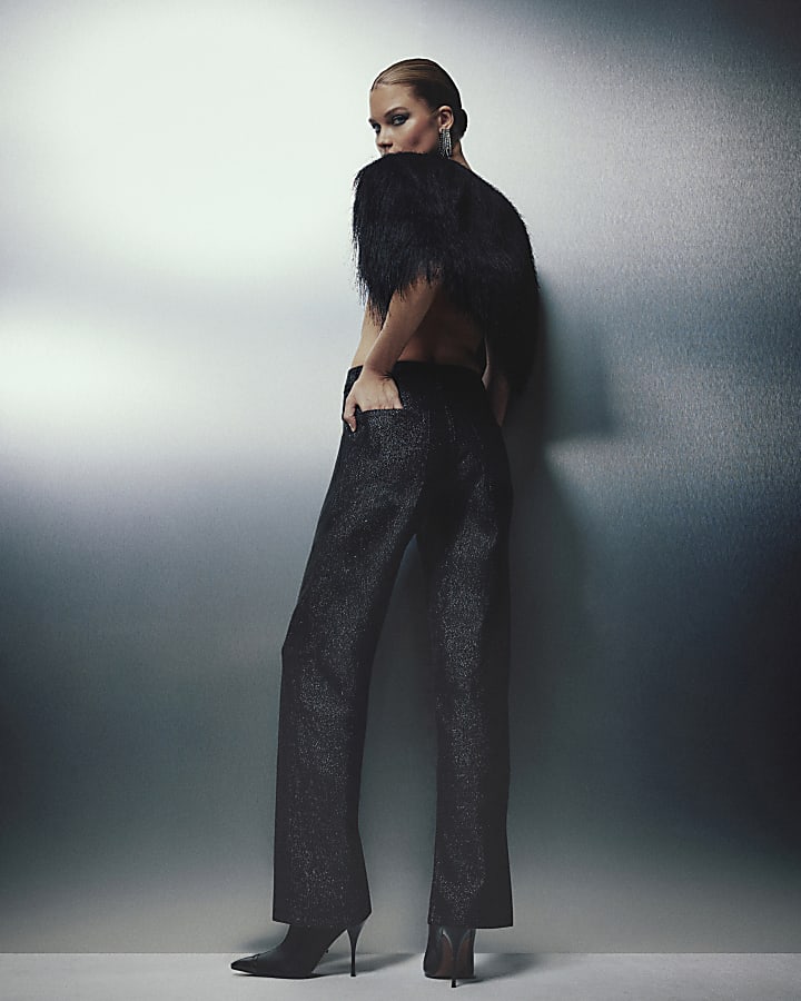 Black Mid Rise Glitter Slim Straight Jeans