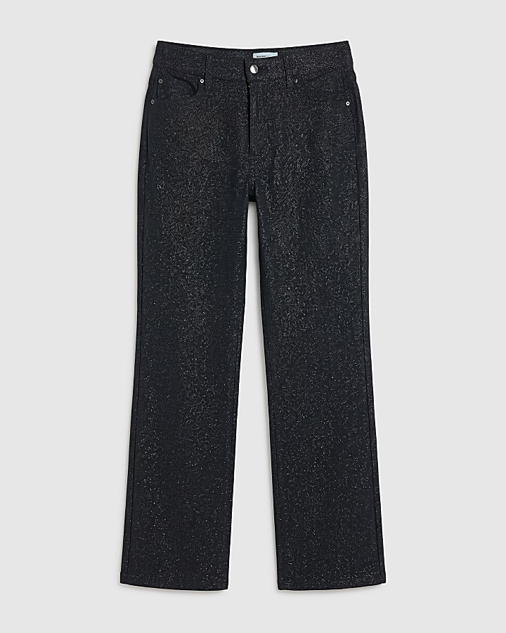 Black Mid Rise Glitter Slim Straight Jeans