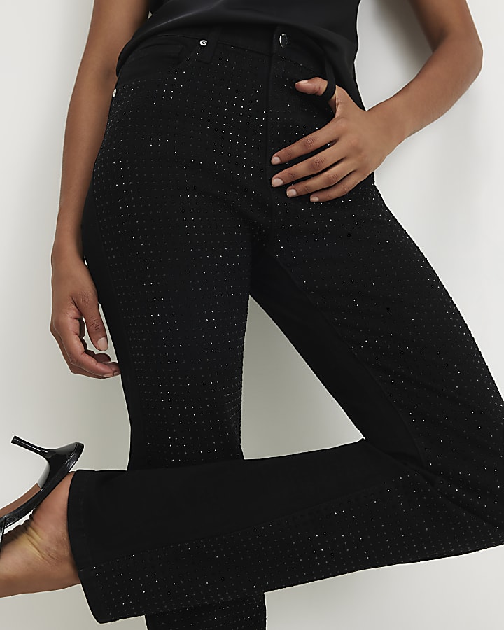 Black Diamante Stretch Straight Leg Jeans