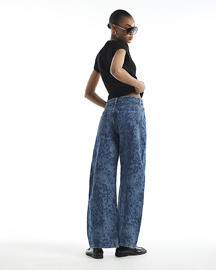 Blue High Waisted Leopard Print Tapered Jeans