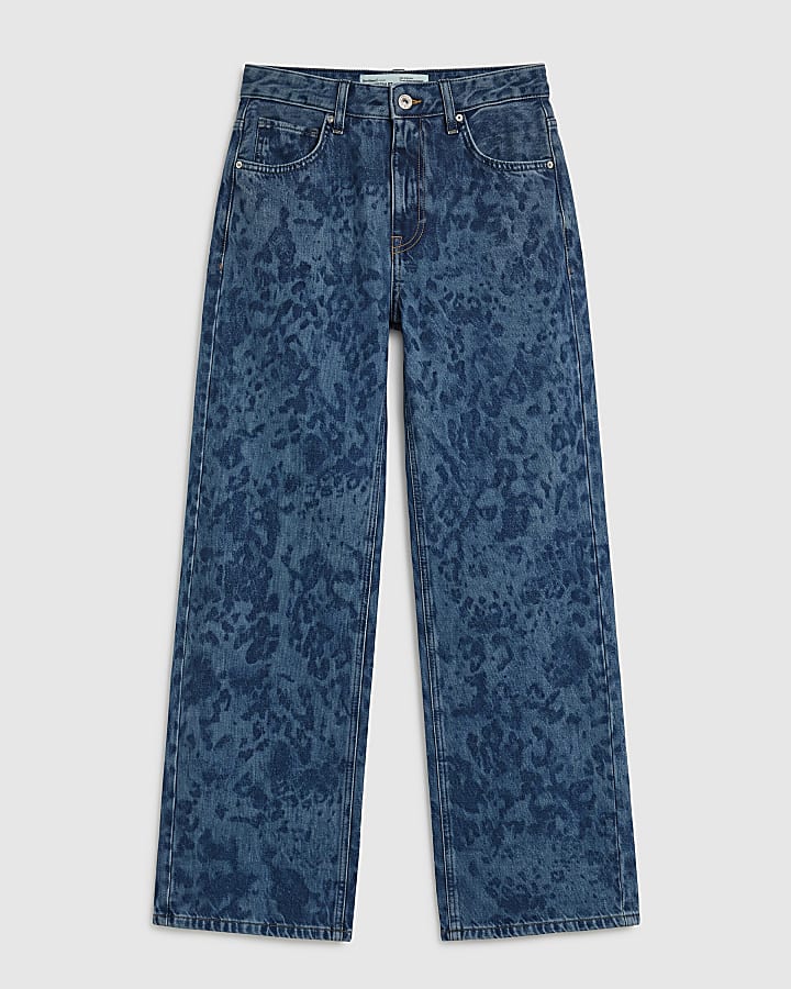 Blue High Waisted Leopard Print Tapered Jeans