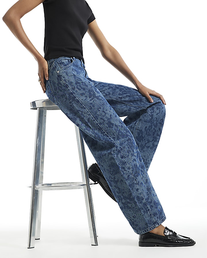 Blue High Waisted Leopard Print Tapered Jeans