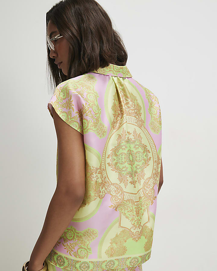Yellow Satin Paisley Print Short Sleeve Shirt