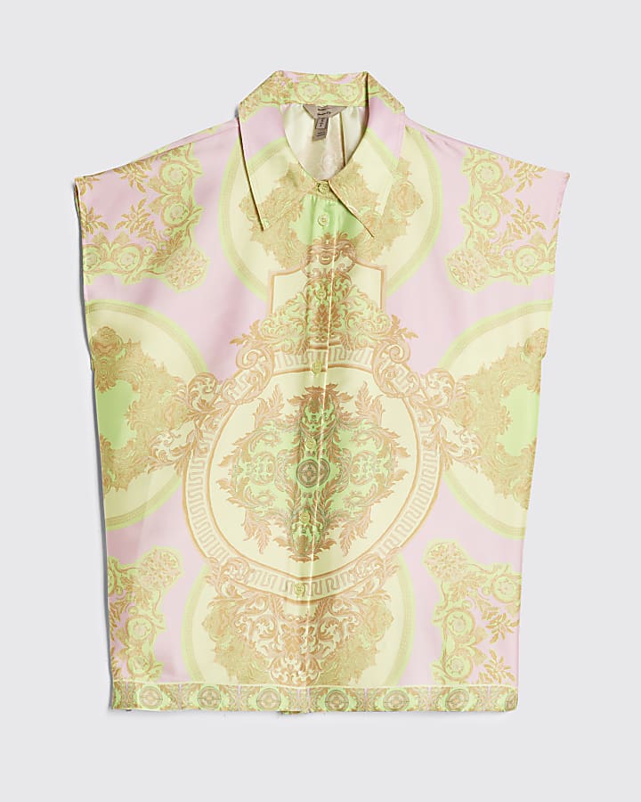 Yellow Satin Paisley Print Short Sleeve Shirt