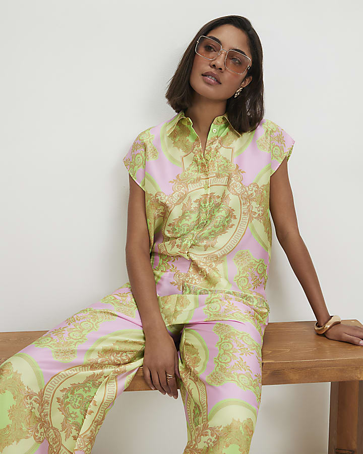 Yellow Satin Paisley Print Short Sleeve Shirt