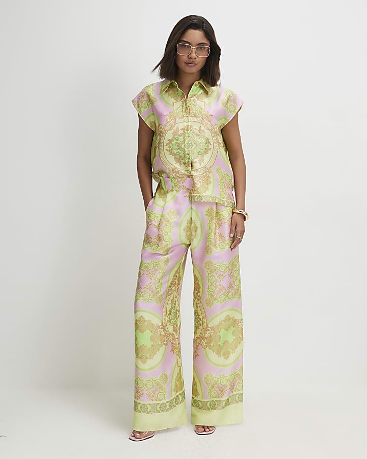 Yellow Satin Paisley Print Short Sleeve Shirt
