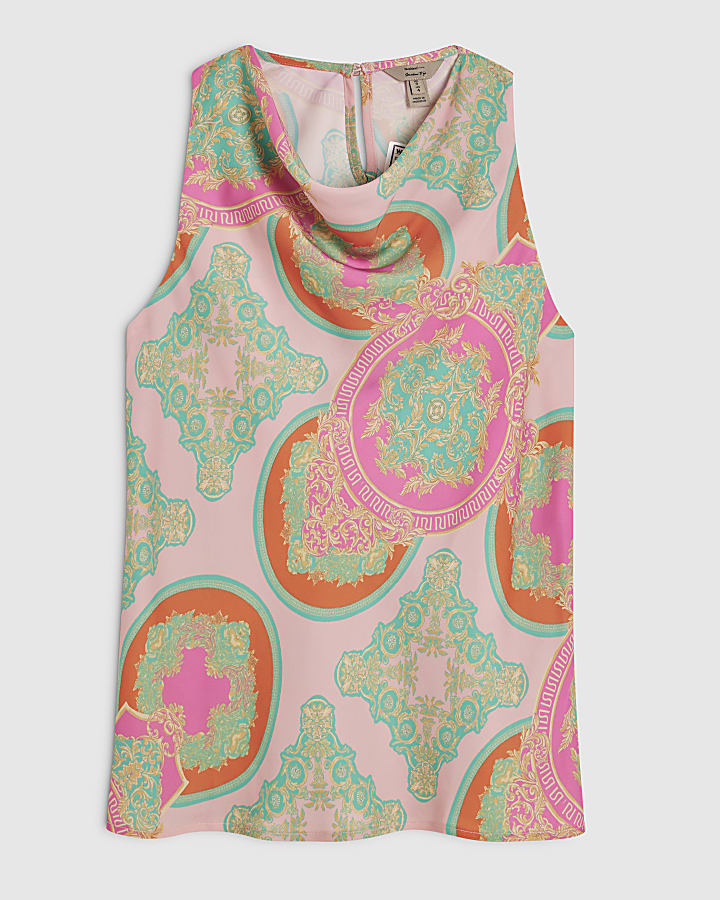 Pink Print Cowl Neck Cami Top