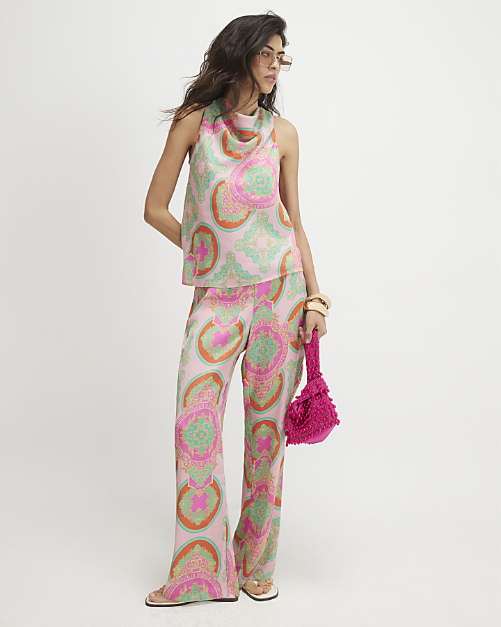 Pink Print Cowl Neck Cami Top