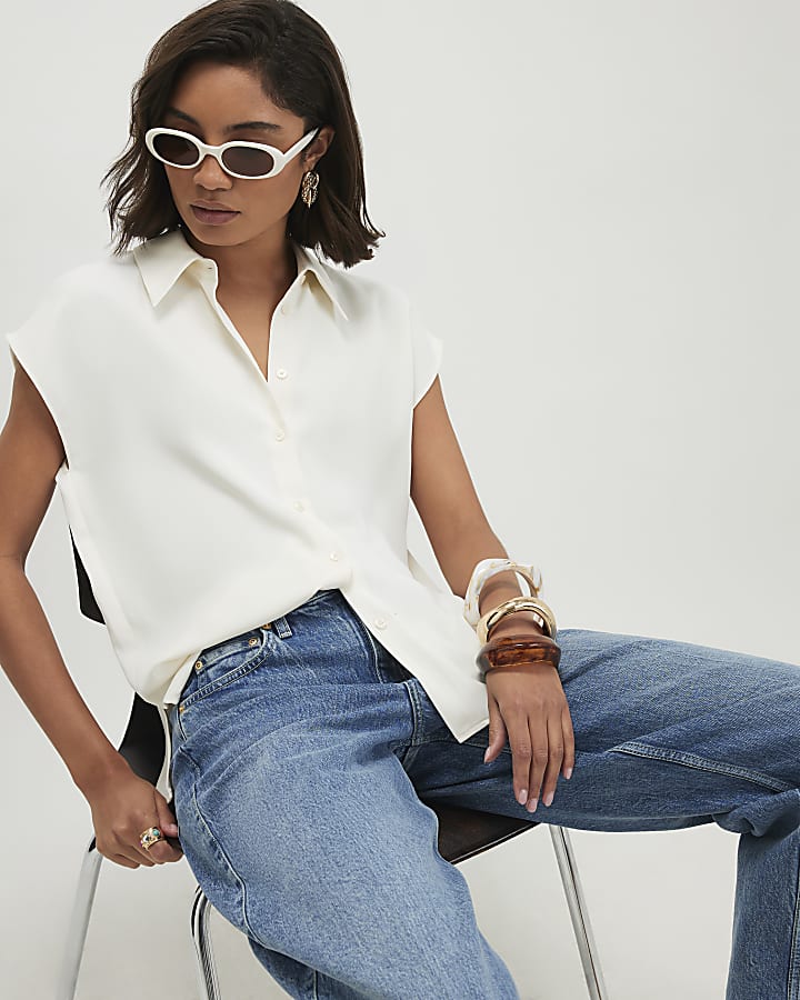 Cream Crepe Short Sleeve Shirt