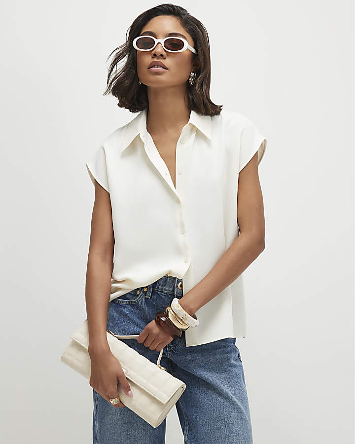 Cream Crepe Short Sleeve Shirt