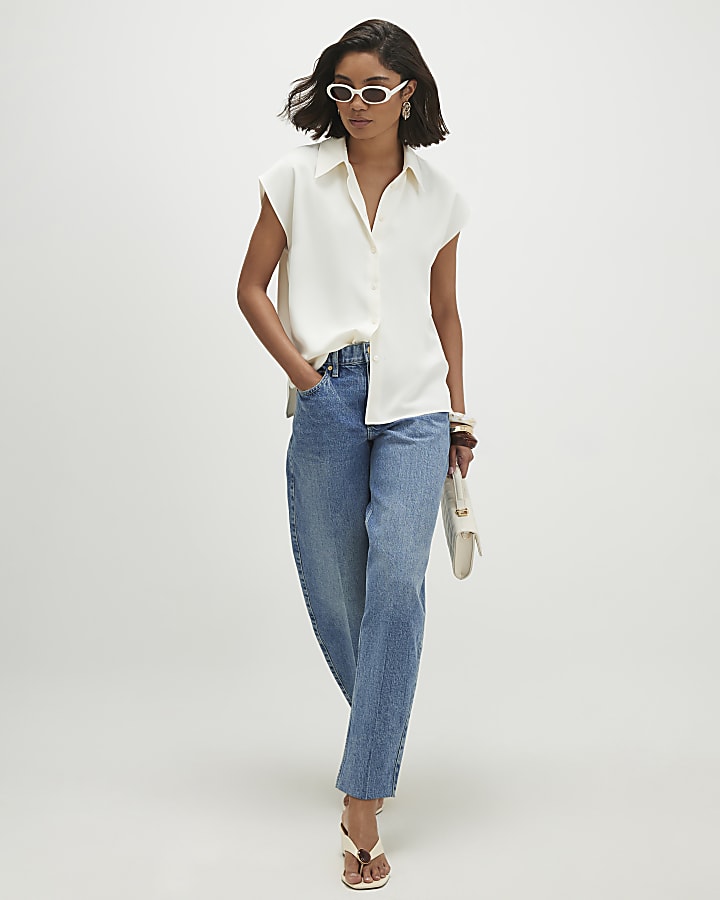 Cream Crepe Short Sleeve Shirt