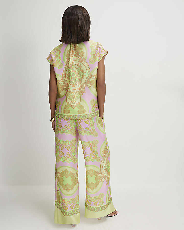Yellow Satin Paisley Print Wide Leg Trousers