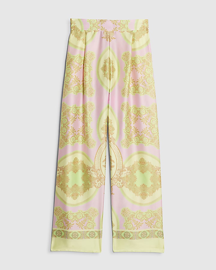 Yellow Satin Paisley Print Wide Leg Trousers