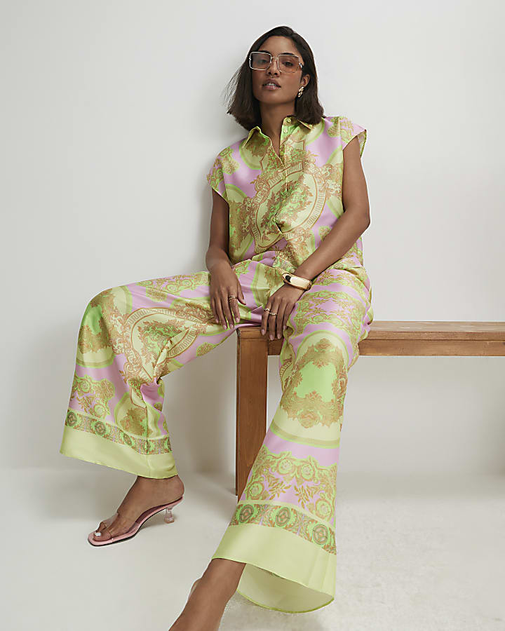 Yellow Satin Paisley Print Wide Leg Trousers