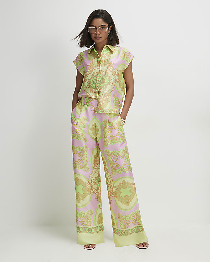 Yellow Satin Paisley Print Wide Leg Trousers