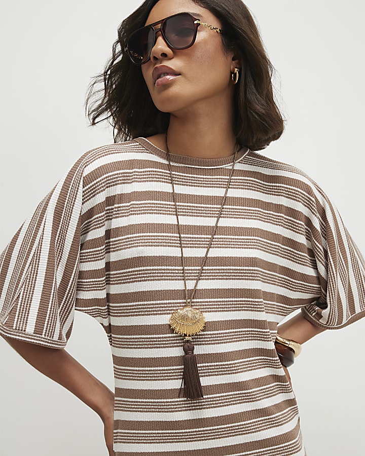 Brown Stripe Maxi Batwing Dress
