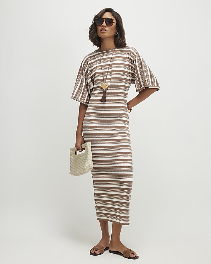 Brown Stripe Maxi Batwing Dress
