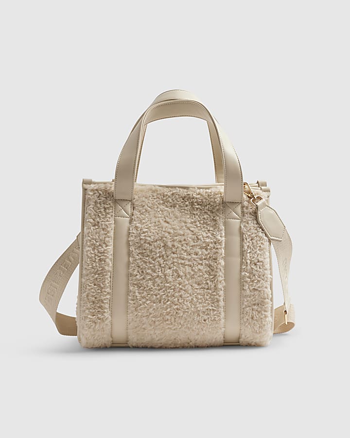 Beige Embroidered Faux Fur Tote Bag