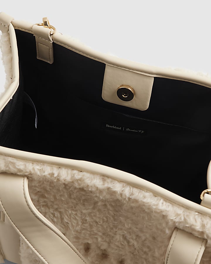 Beige Embroidered Faux Fur Tote Bag