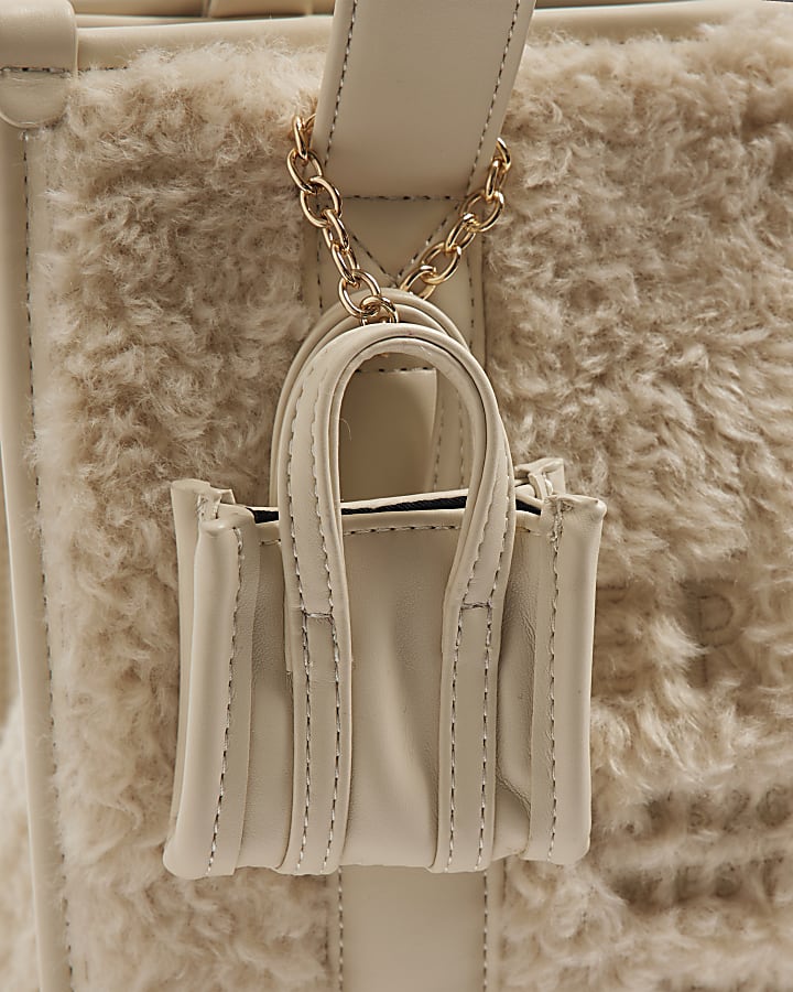 Beige Embroidered Faux Fur Tote Bag