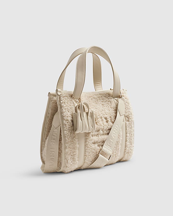 Beige Embroidered Faux Fur Tote Bag