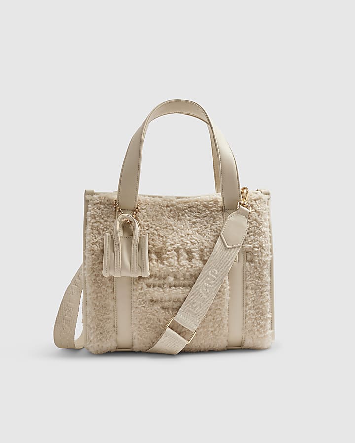 Beige Embroidered Faux Fur Tote Bag