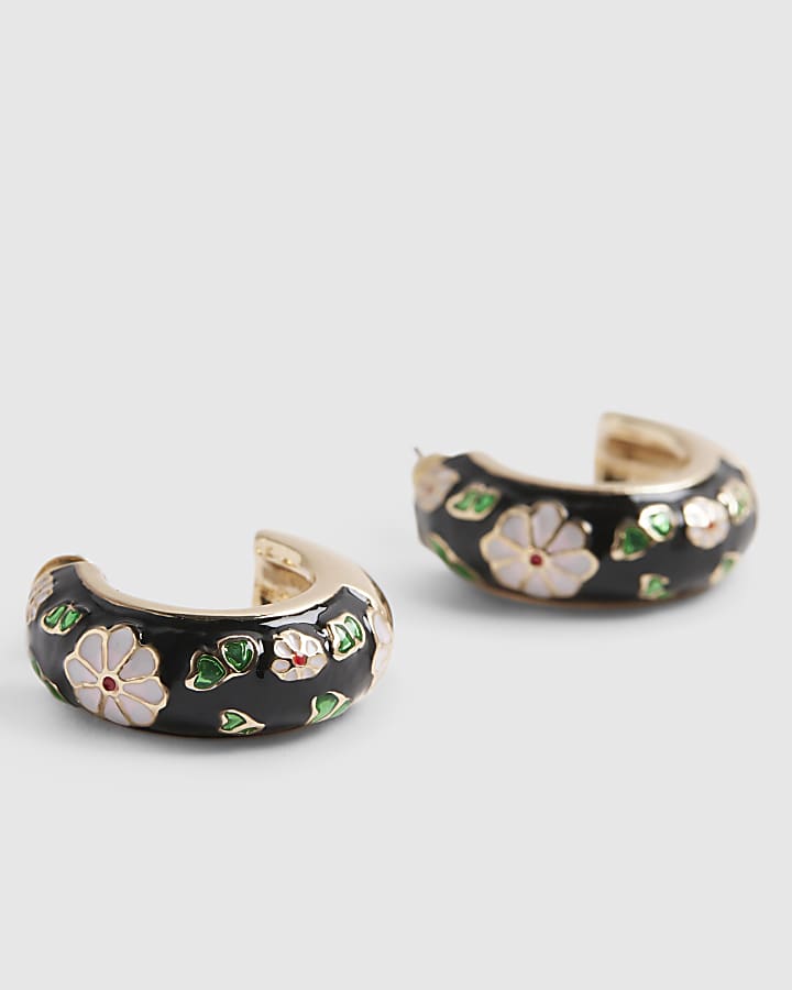 Black Floral Painted Hoop Earrings