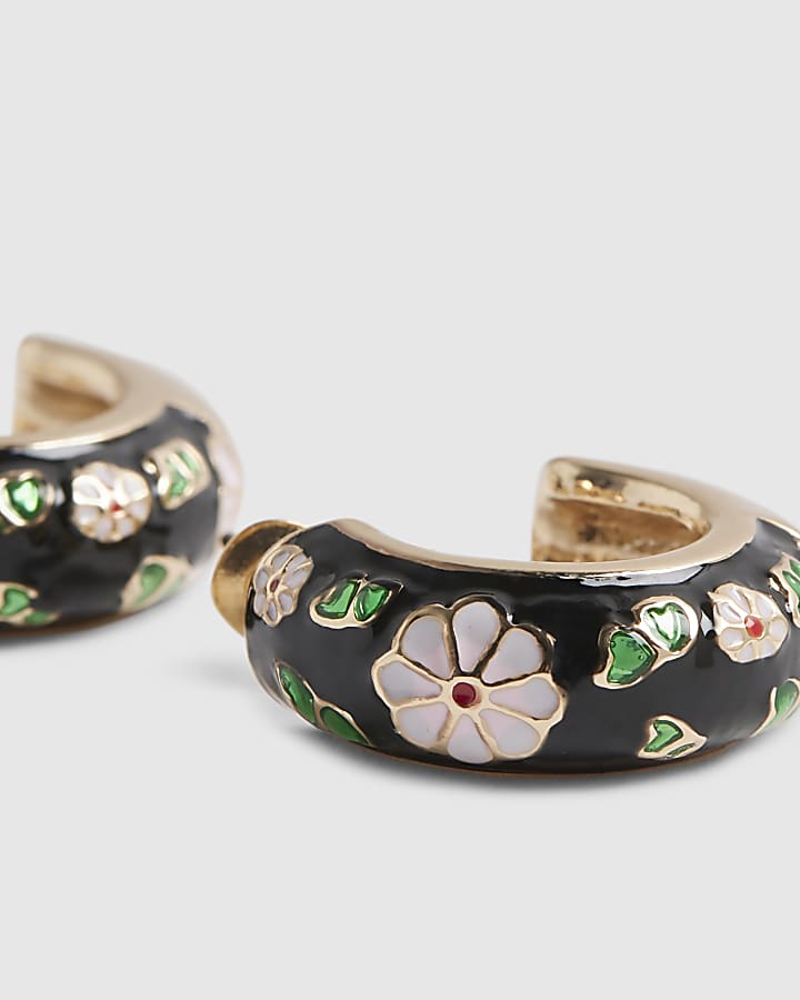 Black Floral Painted Hoop Earrings