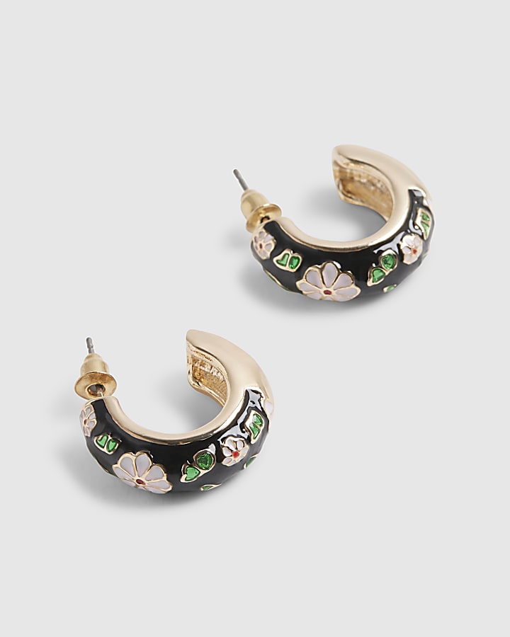Black Floral Painted Hoop Earrings