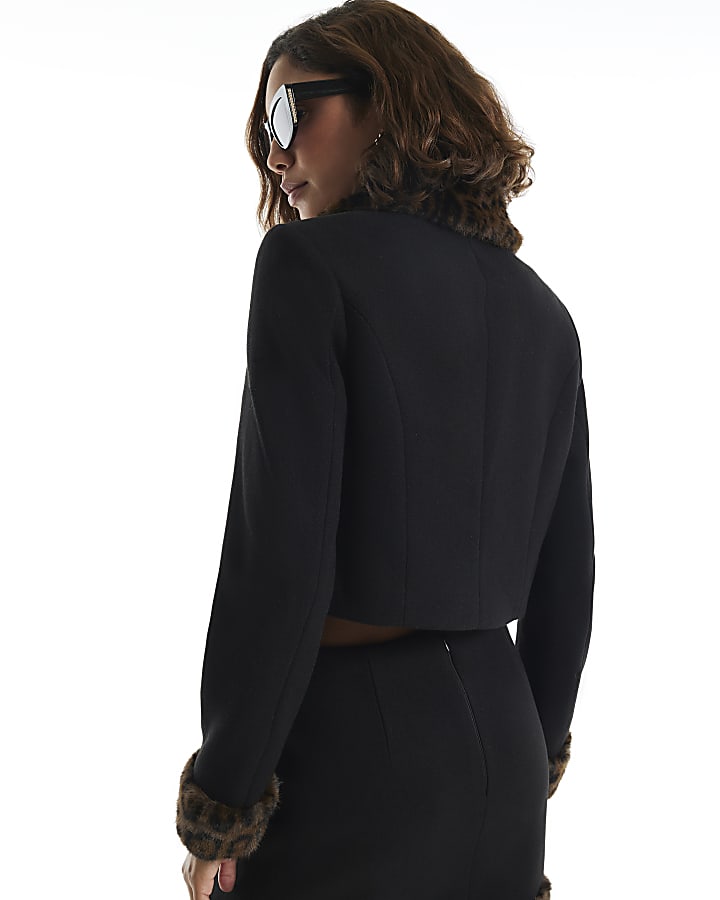 Black Leopard Print Faux Fur Trim Jacket