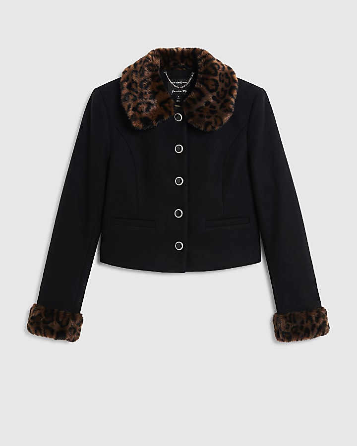 Black Leopard Print Faux Fur Trim Jacket