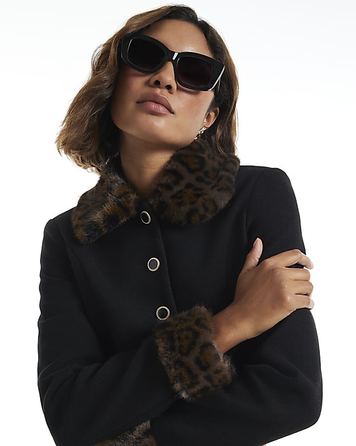 Black Leopard Print Faux Fur Trim Jacket