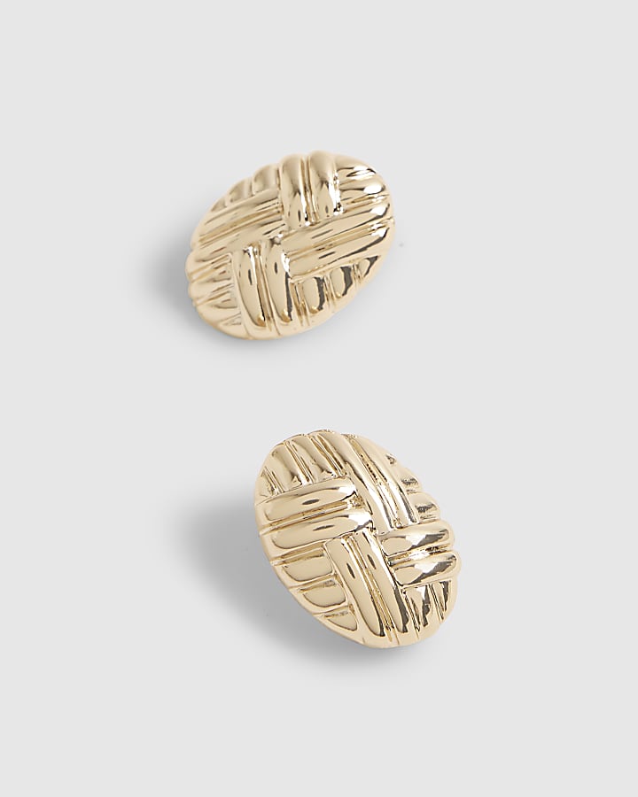 Gold Quilted Oval Stud Earrings