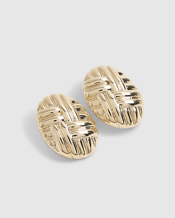 Gold Quilted Oval Stud Earrings