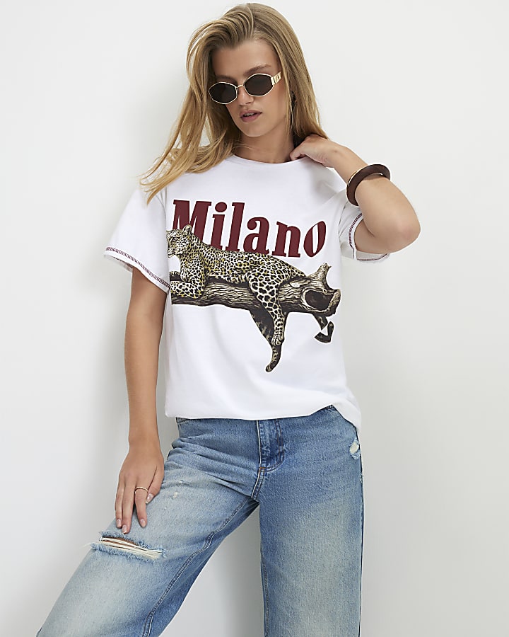 White Cotton Leopard Boyfriend Fit T-Shirt