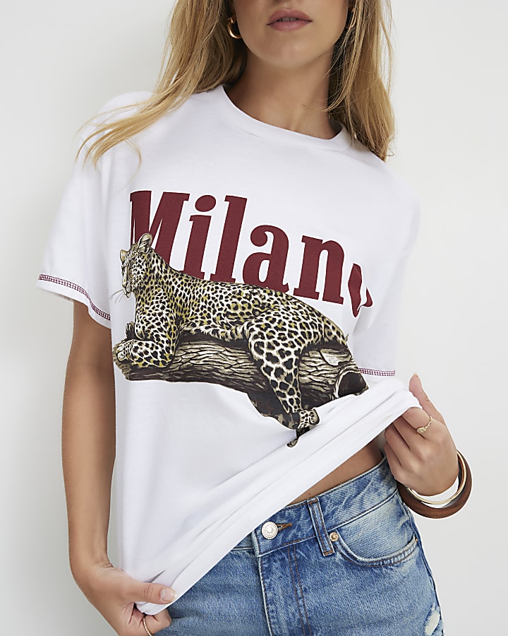 White Cotton Leopard Boyfriend Fit T-Shirt