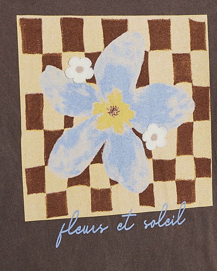 Brown Cotton Checkerboard Flower T-Shirt