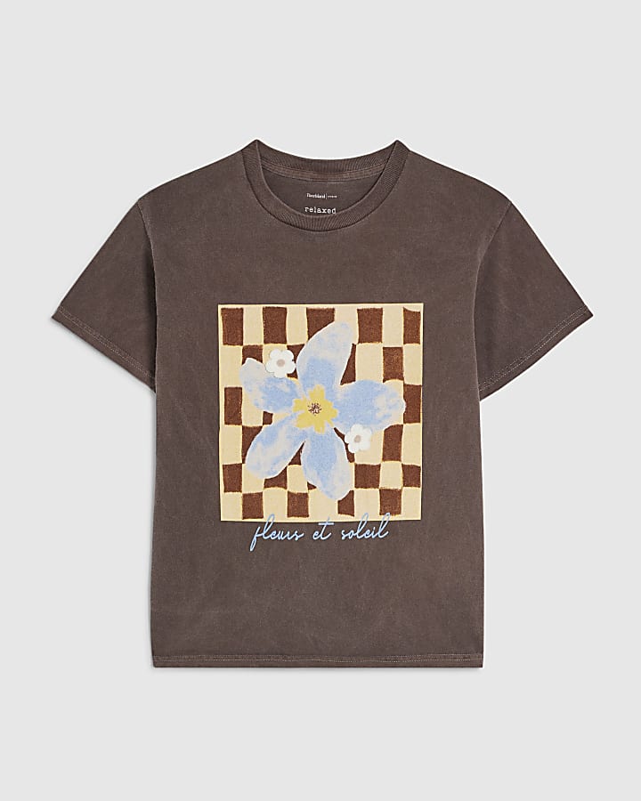Brown Cotton Checkerboard Flower T-Shirt