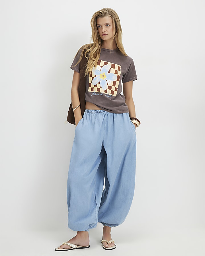 Brown Cotton Checkerboard Flower T-Shirt