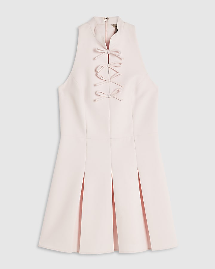 Pink High Neck Bow Trim Mini Dress