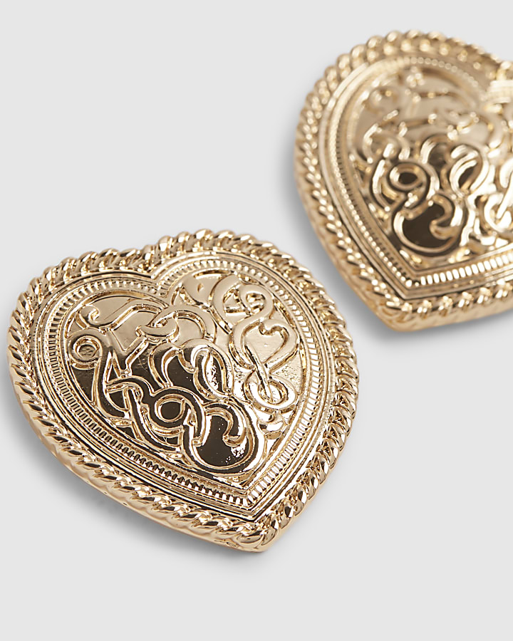 Gold Etched Heart Stud Earrings