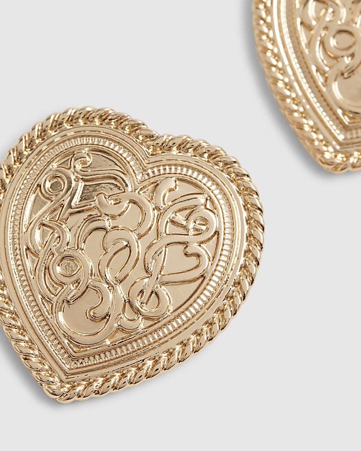 Gold Etched Heart Stud Earrings