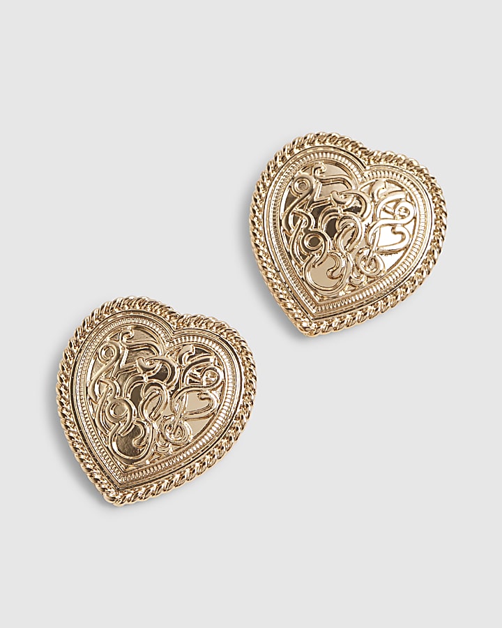 Gold Etched Heart Stud Earrings